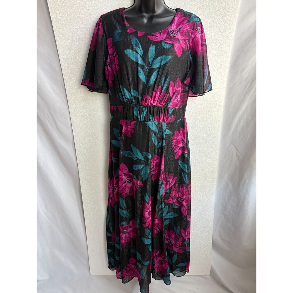 Alexa B Nites Floral Black Pink Green Dress Evening Cocktail Size 14 Event Party